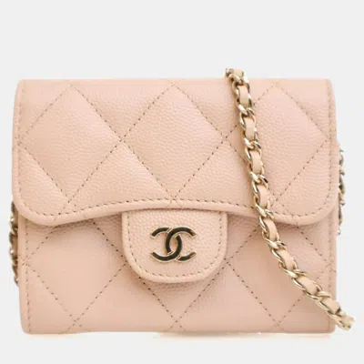 Pre-owned Chanel Caviar Card Holder On Chain In Pink