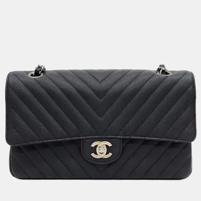 Pre-owned Chanel Caviar Chevron Classic Medium Handbag In Black