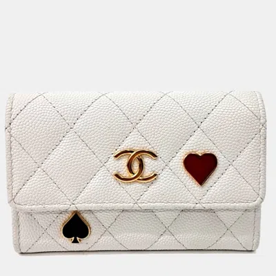 Pre-owned Chanel Caviar Coco Casino Card Wallet In White