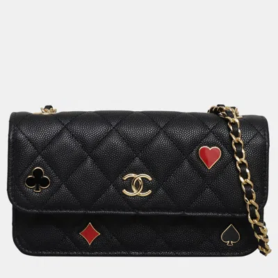 Pre-owned Chanel Caviar Coco Casino Phone Holder On Chain In Black