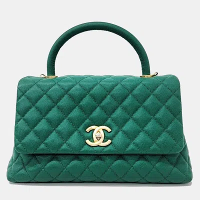 Pre-owned Chanel Caviar Coco Handle 28 Handbag In Green