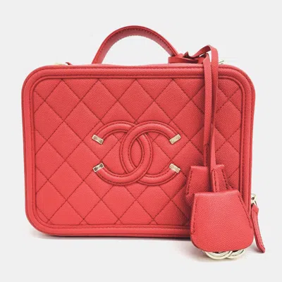 Pre-owned Chanel Caviar Cosmetic Tote & Shoulder Bag In Red