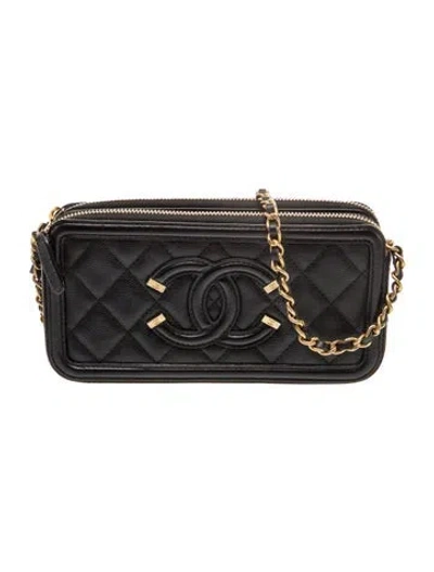 Pre-owned Chanel Caviar Filigree Double Zip Clutch In Black