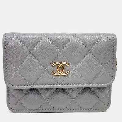 Pre-owned Chanel Caviar Grey Coco Chain Card Wallet In Gray