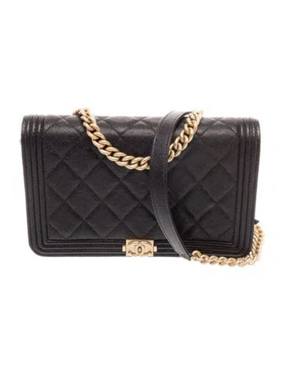 Pre-owned Chanel Caviar Leather Boy Wallet On Chain In Black