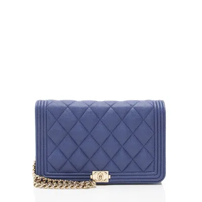 Pre-owned Chanel Caviar Leather Boy Wallet On Chain In Blue