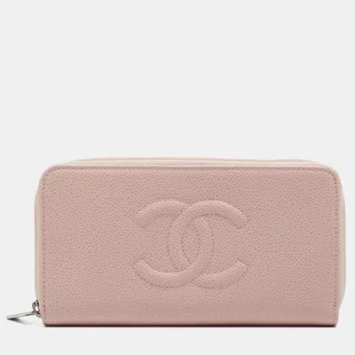 Pre-owned Chanel Caviar Leather Cc Zip Around Wallet In Pink