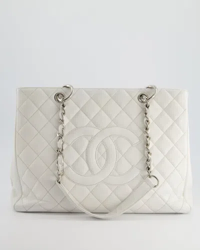 Pre-owned Chanel Caviar Leather Gst Tote Bag With Silver Hardware In White