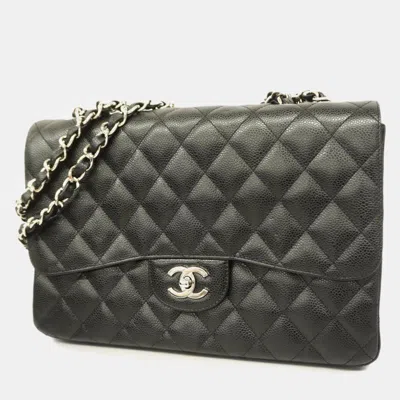 Pre-owned Chanel Caviar Leather Jumbo Classic Double Flap Shoulder Bags In Black