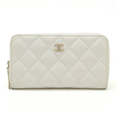 Pre-owned Chanel Caviar Leather Long Wallet (bi-fold) () In White