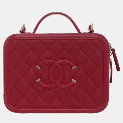 Pre-owned Chanel Caviar Leather Medium Filigree Vanity Case Bag In Red