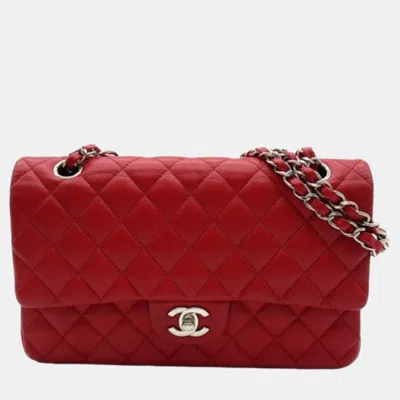 Pre-owned Chanel Caviar Leather Small Classic Double Flap Shoulder Bags In Red