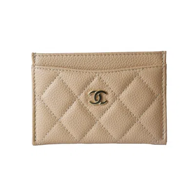 Pre-owned Chanel Caviar Quilted Card Holder Gold Hardware Beige