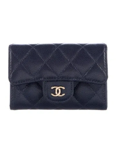 Pre-owned Chanel Caviar Quilted Flap Card Holder Interlocking Cc Logo Wallet In Black