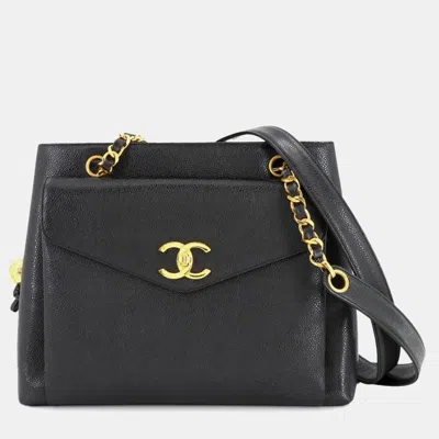 Pre-owned Chanel Caviar Skin Chain Shoulder Bag Leather Black Coco Mark Gold Metal Fittings