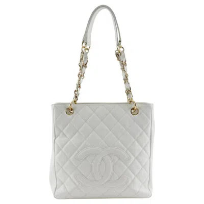 Pre-owned Chanel Caviar Skin Chain Tote Shoulder Bag In White