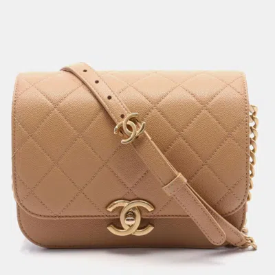 Pre-owned Chanel Caviar Skin (grained Calf) Beige Matelasse Shoulder Bag