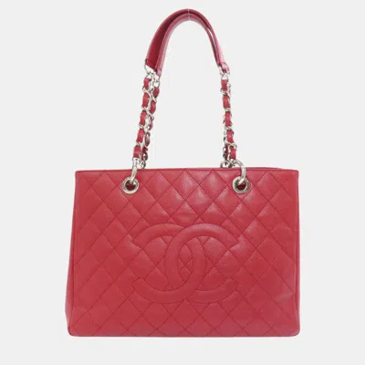 Pre-owned Chanel Caviar Skin Gst Tote Matelasse Bag In Red