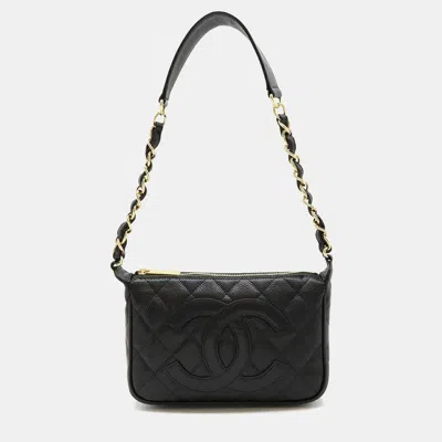 Pre-owned Chanel Caviar Skin Leather Black Matelasse Coco Mark Chain Shoulder Bag