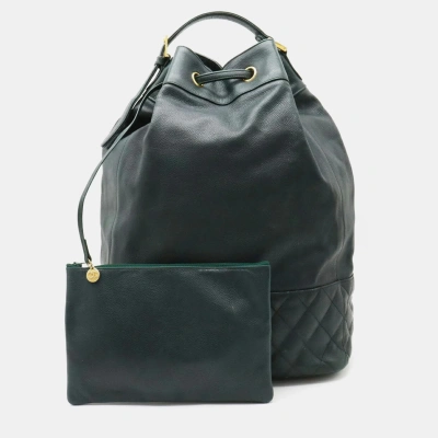 Pre-owned Chanel Caviar Skin Leather Dark Green Vintage Drawstring Bag