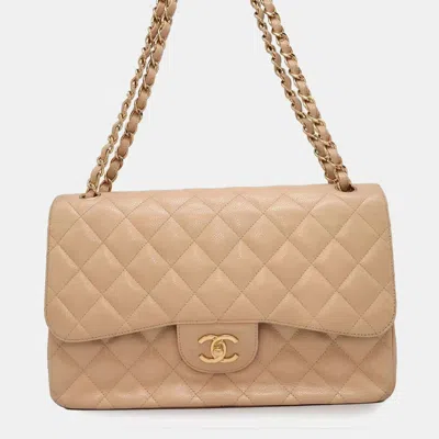 Pre-owned Chanel Caviar Skin Matelasse 30 Coco Mark Double Flap Chain Shoulder Bag In Beige