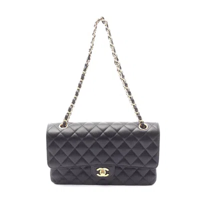 Pre-owned Chanel Caviar Skin Matelasse W Flap Shoulder Bag In Black