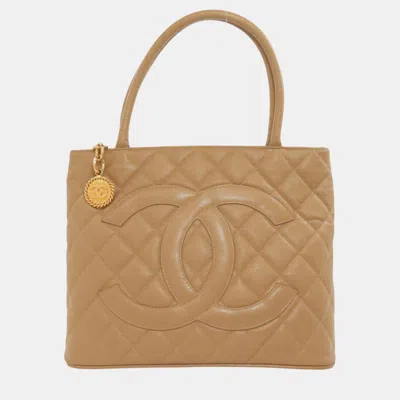 Pre-owned Chanel Caviar Skin Reproduction Tote Bag In Beige