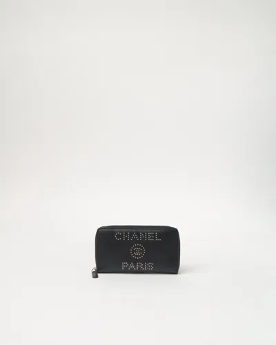 Pre-owned Chanel Caviar Studded Deauville Continental Wallet In Black