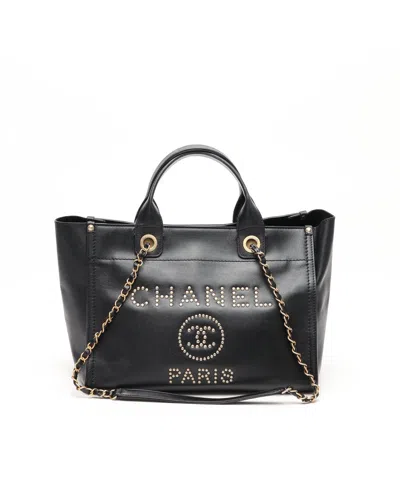Pre-owned Chanel Caviar Studded Deauville Pm Tote Bag In Black