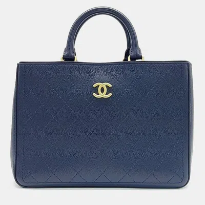 Pre-owned Chanel Caviar Tote Handbag In Navy Blue