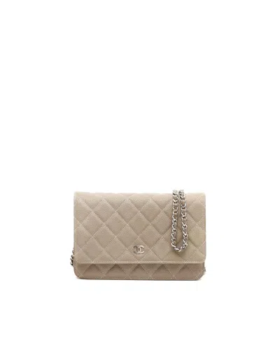 Pre-owned Chanel Caviar Wallet On Chain Bag In Beige