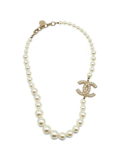 Pre-owned Chanel Cc 100th Anniversary Faux-pearl Choker Necklace In Gold