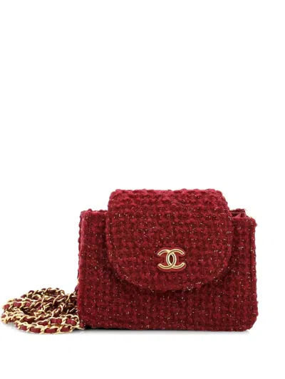 Pre-owned Chanel Cc Accordion Chain Clutch Quilted Tweed Mini Crossbody Bag In Red