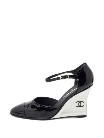 Pre-owned Chanel Cc Ankle-strap Wedge Pumps In Black