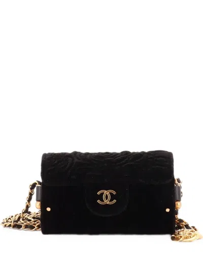 Pre-owned Chanel Cc Barrel Chain Crossbody Bag Camellia Velvet Small Belt Bag In Black