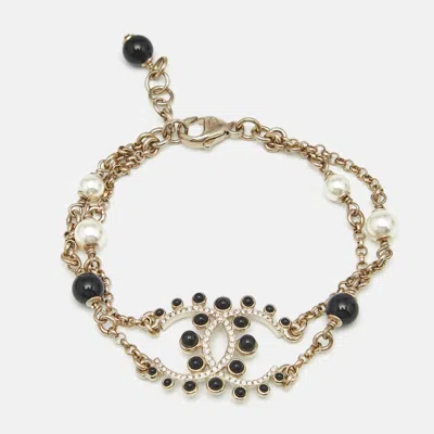 Pre-owned Chanel Cc Beads Faux Pearl Crystals Gold Tone Bracelet