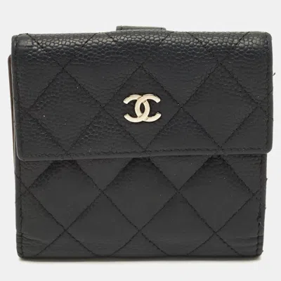 Pre-owned Chanel Cc Black Quilted Caviar Leather French Wallet