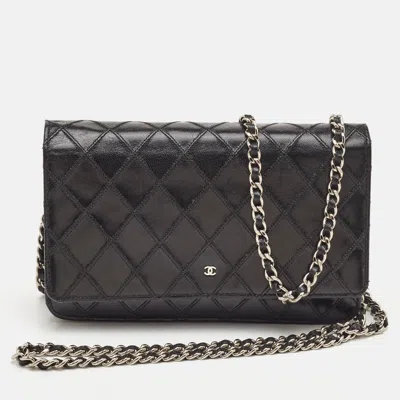 Pre-owned Chanel Cc Black Quilted Leather Wallet On Chain