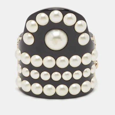 Pre-owned Chanel Cc Black Resin Faux Pearl Gold Tone Cuff Bracelet