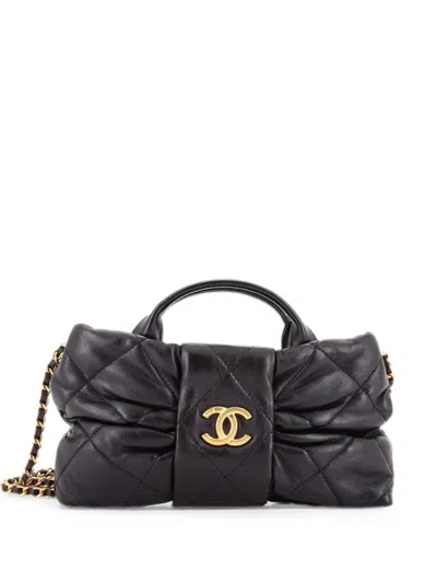 Pre-owned Chanel Cc Bow Chain Quilted Leather Mini Shoulder Bag In Black