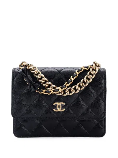 Pre-owned Chanel Cc Bow Double Chain Handle Wallet On Chain Quilted Caviar Mini Crossbody Bag In Black