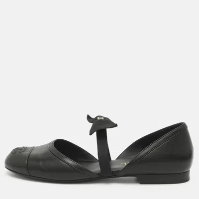Pre-owned Chanel Cc Bow Mary Jane Size 38.5 Black Leather Ballet Flats