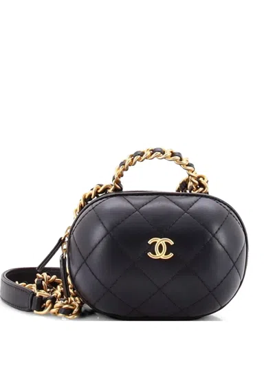 Pre-owned Chanel Cc Bubble Top Handle Vanity Case With Chain Quilted Lambskin Mini Satchel In Black