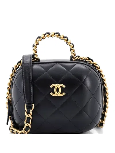 Pre-owned Chanel Cc Bubble Top Handle Vanity Case With Chain Quilted Lambskin Small Satchel In Black