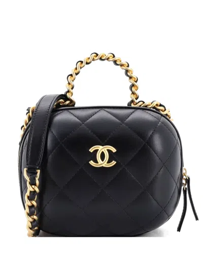 Pre-owned Chanel Cc Bubble Top Handle Vanity Case With Chain Quilted Lambskin Small Satchel In Black