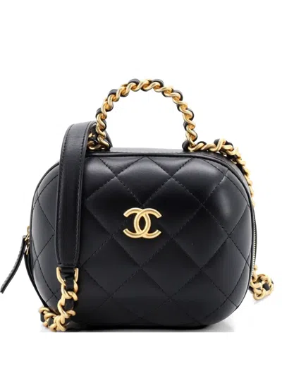Pre-owned Chanel Cc Bubble Top Handle Vanity Case With Chain Quilted Lambskin Small Satchel In Black