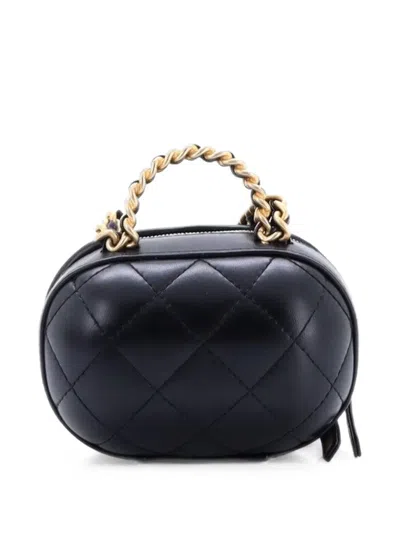 Pre-owned Chanel Cc Bubble Top Handle Vanity Case With Chain Quilted Lambskin Small Satchel In Black