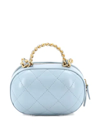 Pre-owned Chanel Cc Bubble Top Handle Vanity Case With Chain Quilted Lambskin Small Satchel In Blue