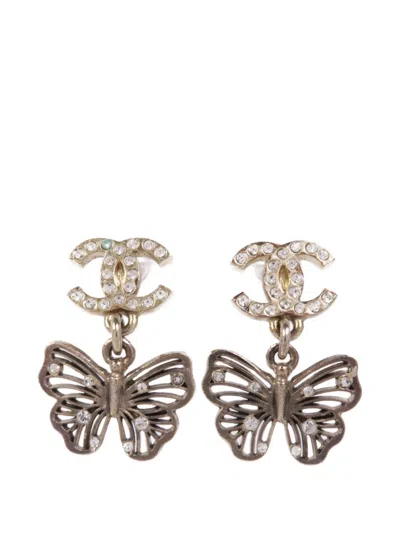 Pre-owned Chanel Cc Butterfly Drop Earrings In Gold