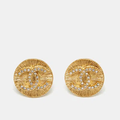 Pre-owned Chanel Cc Button Crystals Gold Tone Earrings